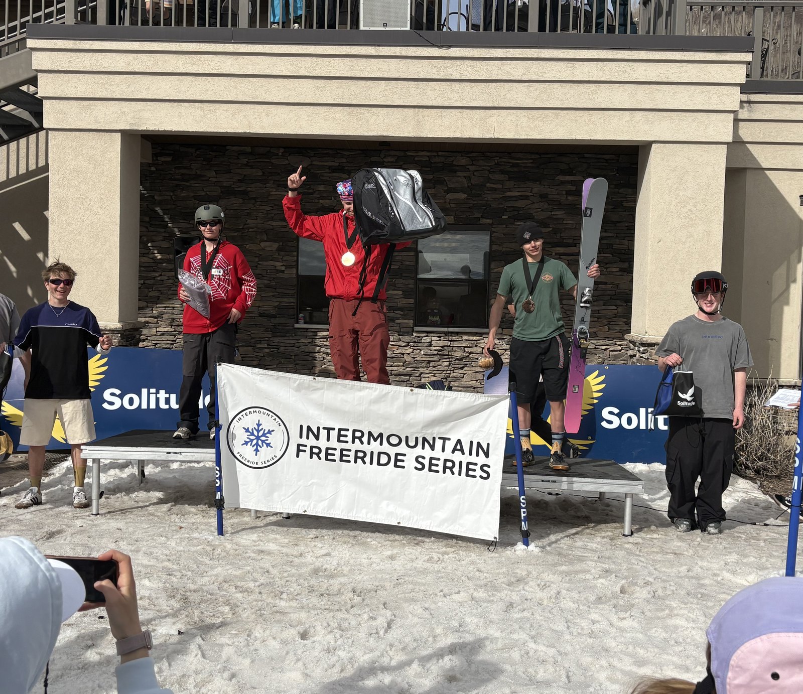 Canyon and fellow competitors on the awards podium at an Intermountain Freeride Series event at Solitude Mountain Resort