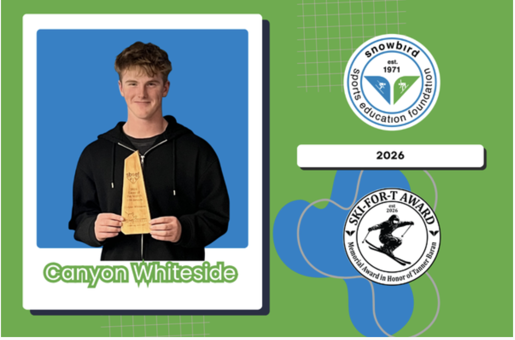 Canyon Whiteside holding the Ski for T Award trophy, in the Snowbird Sports Education Foundation announcement